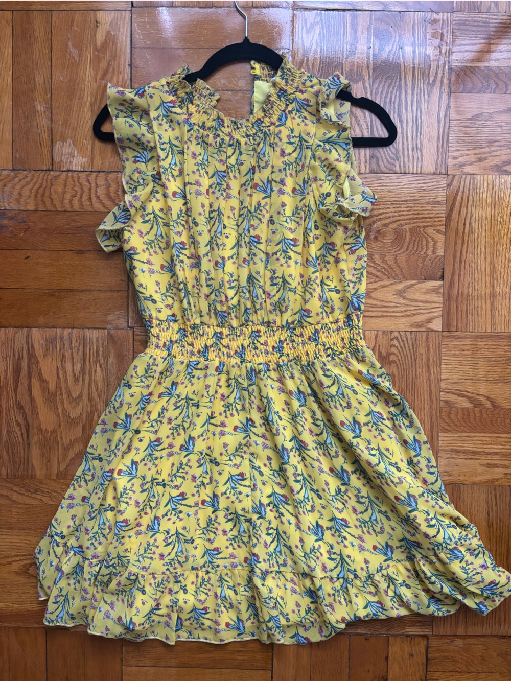 Bright Yellow Floral Chiffon Mini Dress w/ Smocked Waist